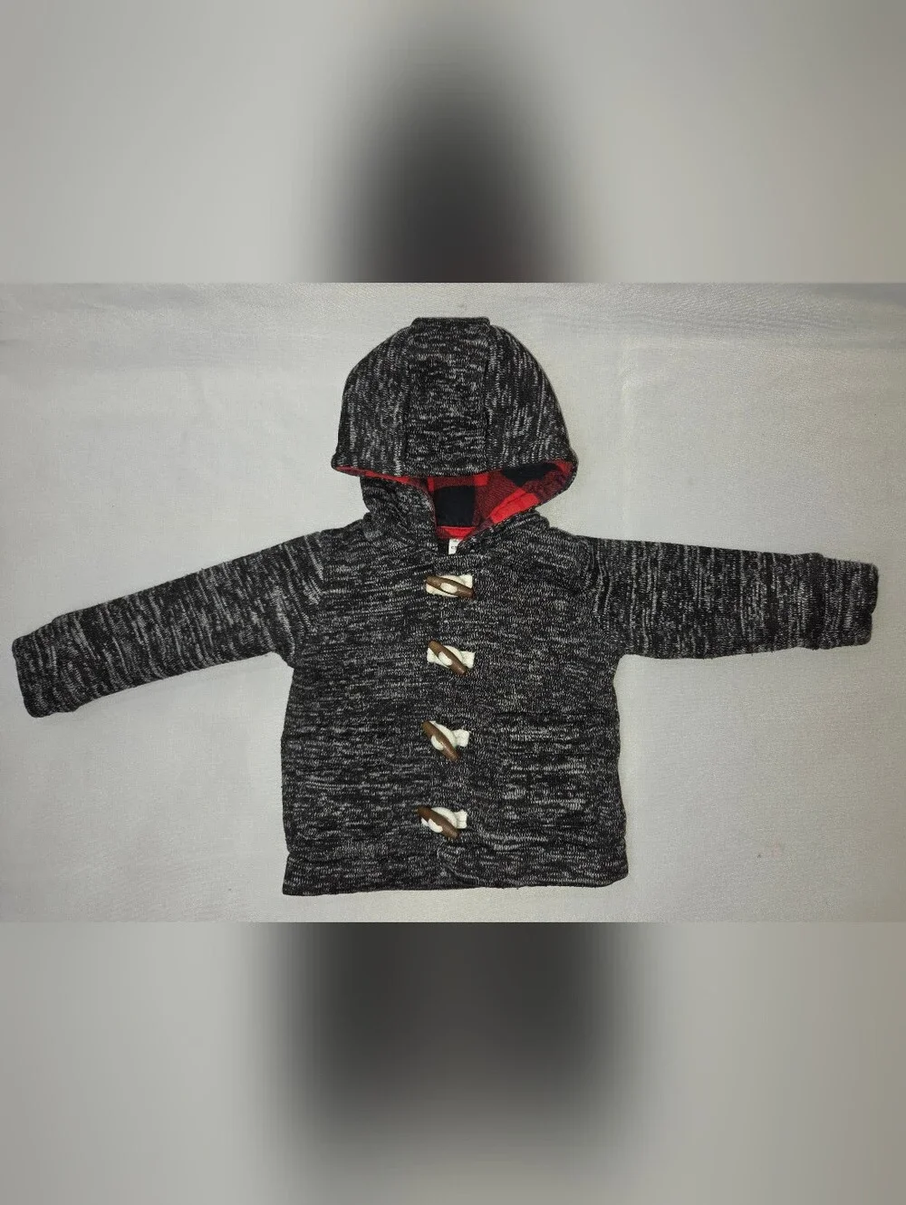 Carter's Black & Gray Hooded Toggle Jacket with Red Plaid Hood Trim